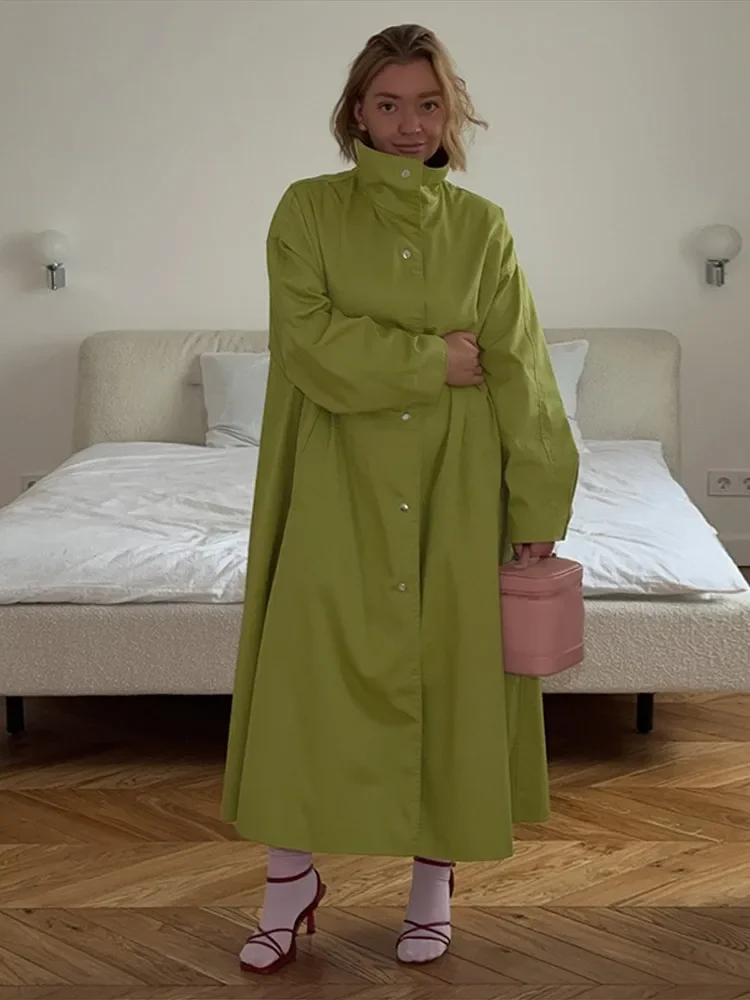 Casual Women's Autumn Long Windbreaker Stand Collar Single Breasted Full Sleeve Green Pink Trench Coat 2026 Lady Loose Outwear view 3