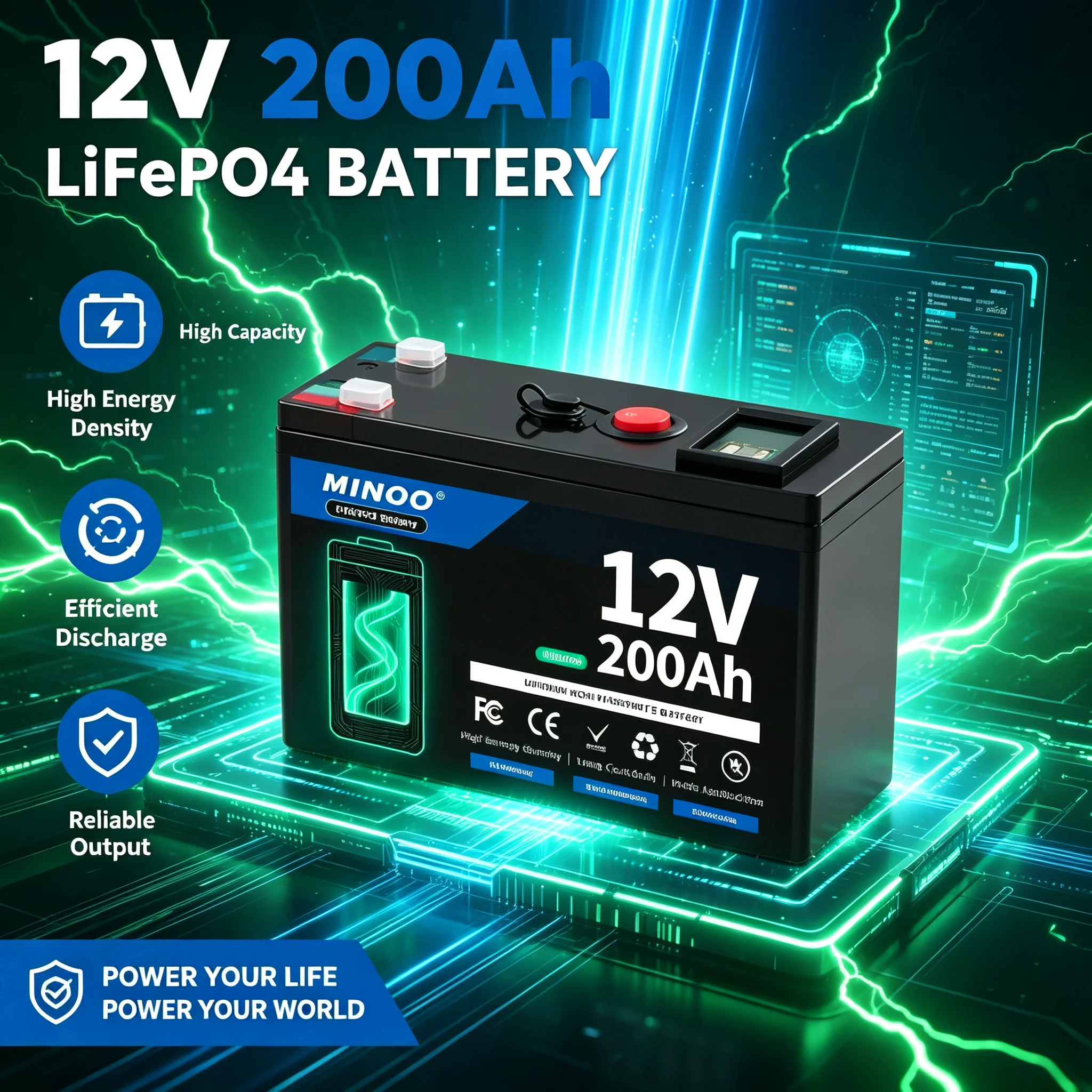 12V 200Ah LiFePO4 Solar Battery Deep Cycle Rechargeable Built-in BMS Lithium 200000mAh for Power Wheels Scooters Fish Finder
