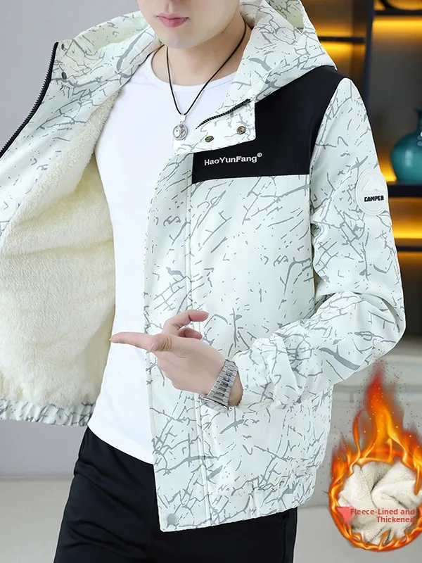 جاكيت رجالي فضفاض على الطراز الأمريكي مبطن بالصوف السميك للخريف والشتاء معطف قطني مطبوع بغطاء للرأس عصري للشباب من ألياف البو...