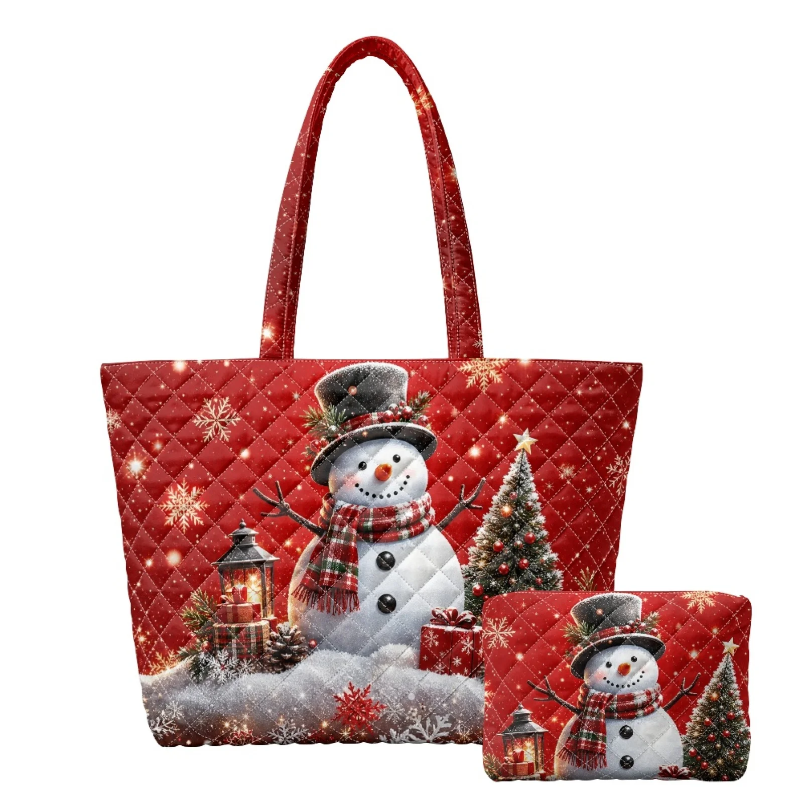 Coloranimal Christmas Snowman 2 Pcs Quilted Tote Handbag with Cosmetic Pouch, Waterproof Zippered Set for Daily Excursions