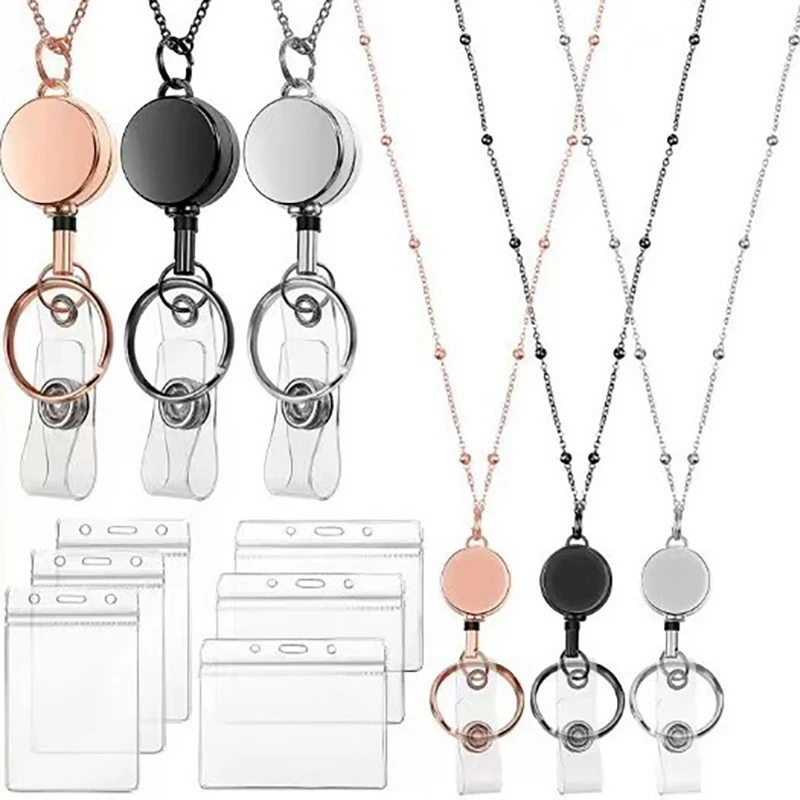 New【Retractable Badge Reel Lanyard ID Card Holders Plastic Chain Necklaces Keychain Clip For Women Men Employee Wholesale】
