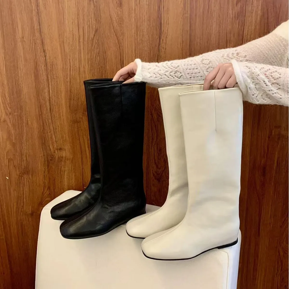 

Women Simple Long Boots Winter Boots Mid Heel Slope Heel Heightening Wide Tube High Tube Boot Rubber Material Fashion Boot