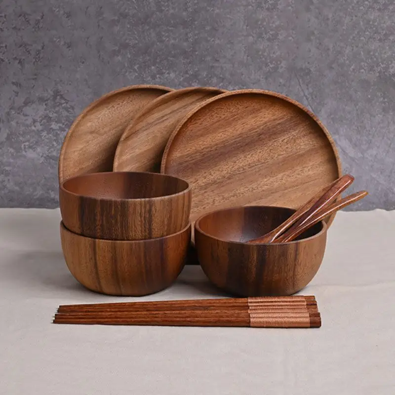 

Japanese Style Acacia Mangium Tableware Bowl and Plates Package Wooden round Fruit Plate Western Style Salad Bowl Home Instant N