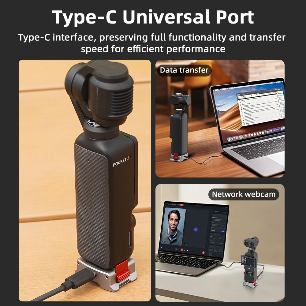 قاعدة محول شحن Flymile Pocket 3 لـ DJI Osmo Pocket 3 قاعدة شحن سطح المكتب من النوع C لـ Arca/1/4 بوصة دعامة ثقب المسمار