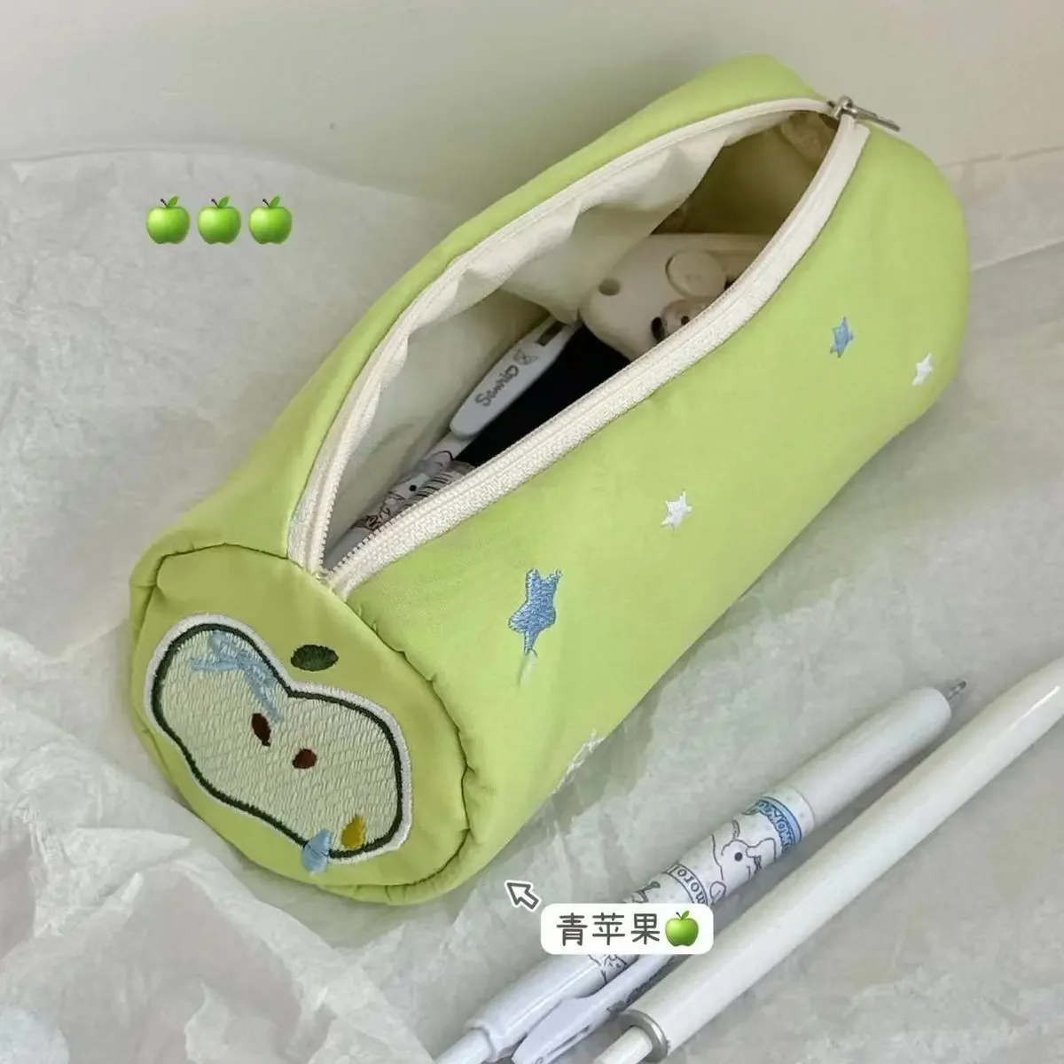 Estuche para lápices con forma de pastel de manzana verde Kawaii, bolsa de almacenamiento, bolsa de cosméticos, papelería para estudiantes, suministros escolares para volver a la escuela
