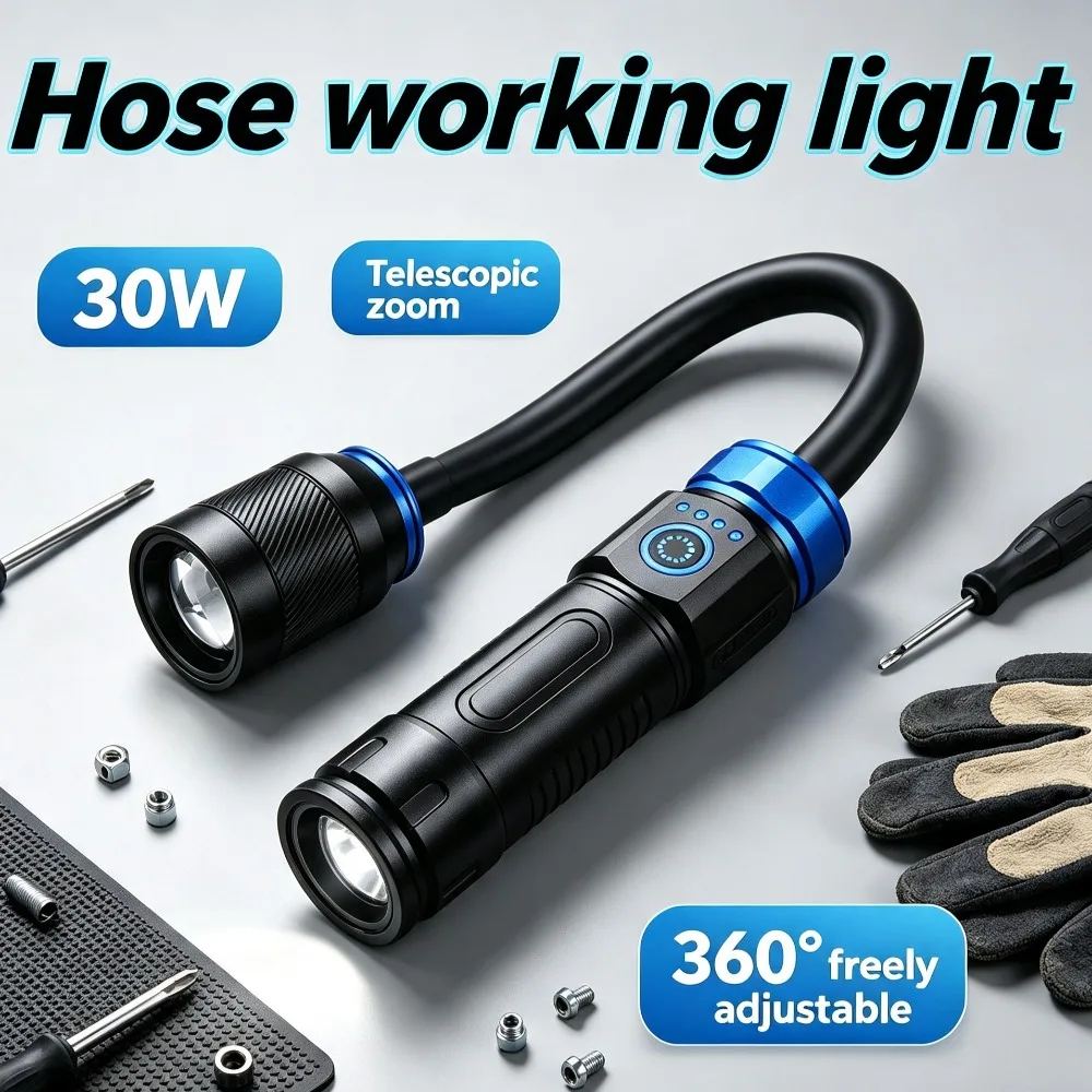 Multi‑Angle Bendable Hose Magnetic Work Light Rechargeable Zoomable Long‑Beam Torch Portable Lamp for Auto Repair Inspection