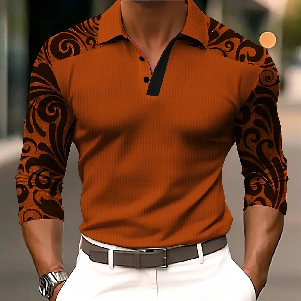 

Men's patchwork retro texture print long sleeve polo shirt lapel sports casual outdoor office daily wear spring autumn winter