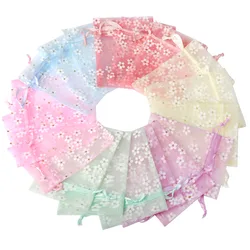 10 pçs/lote nova flor organza sacos de presente 10x14cm 13x18cm 16x23cm saco de presente de jóias de casamento doces embalagem malotes com cordão