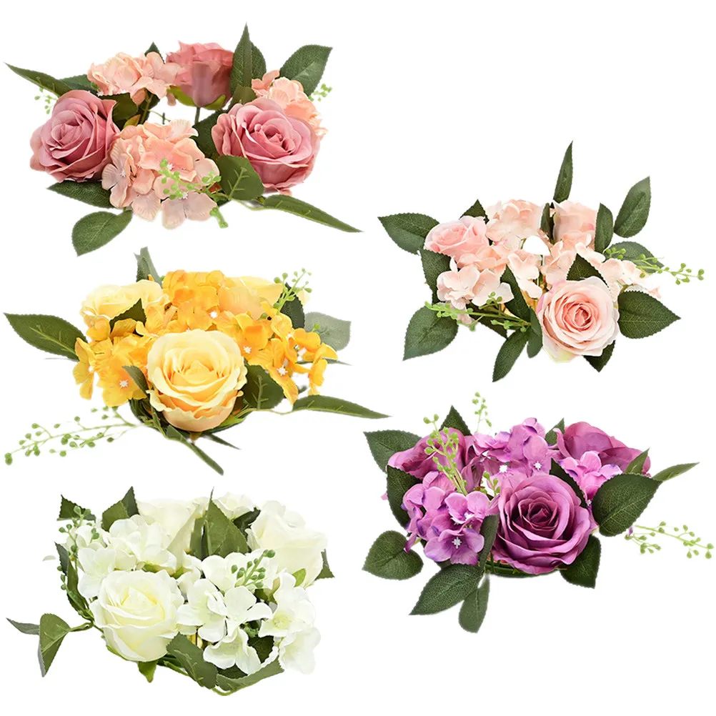 

5Pcs Floral Rings Artificial Flower Wreaths Realistic Rose Design Table Centerpiece for Wedding Party Valentine