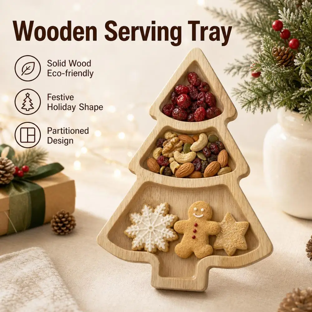Wooden Christmas Tree Snack Tray for Appetizers Desserts Snacks Divided Compartment Solid Wood Platter Xmas Party Table Decor