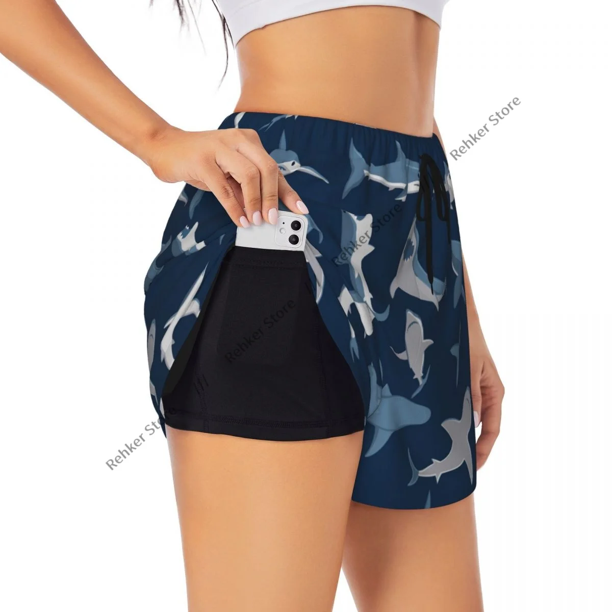 Angry Shark Women's Double Layered Quick-Dry Athletic Shorts for Outdoor Leisure Running Fitness Workout Sport