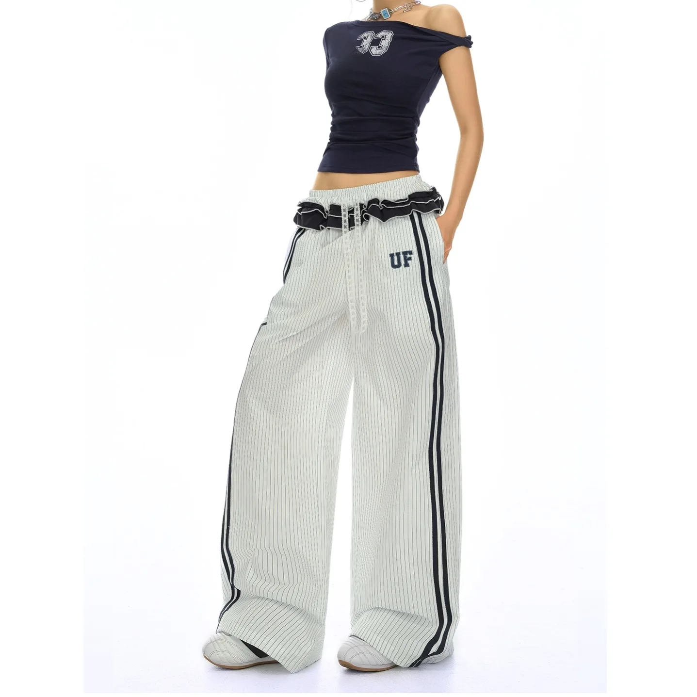 Unique Splicing High Waist Loose Cuffed Sports Long Pants Women's Wide Leg Casual Trousers Striped Casual Pants Spring