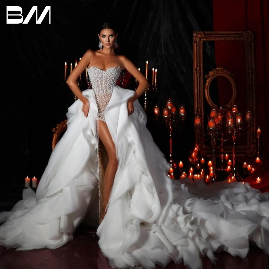 

Luxury Pearls 2-Piece Wedding Dress Detachable Ruffle Tulle Train Strapless Bridal Gown Custom Made Bride Dresses