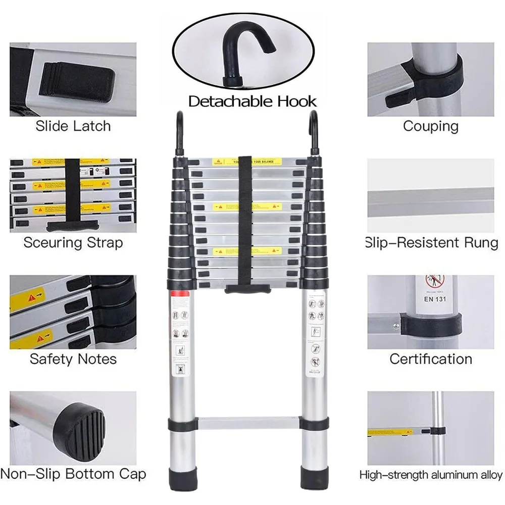 سلم تمديد ألومنيوم متداخل متعدد الأغراض مع آلية قفل وخطاف قابل للفصل لارتفاعات مختلفة وU #2