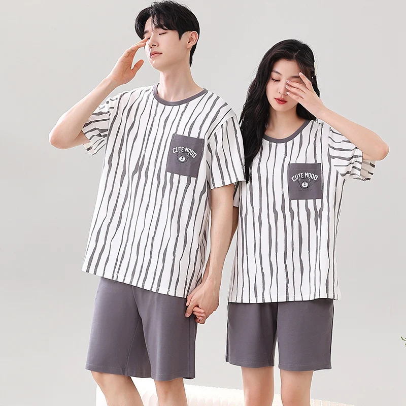 2024 Summer Couple Short Sleeve 100% Cotton Print Pajama Sets for Men Korean Cute Sleepwear Pyjamas Women Homewear Home Clothes