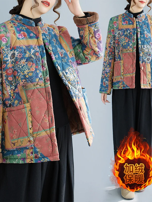 

Thiened Fce Lined Retro Sle Button up Color Blo Stripe Cotton Jaet National Sle Thiened Winter Outerwear