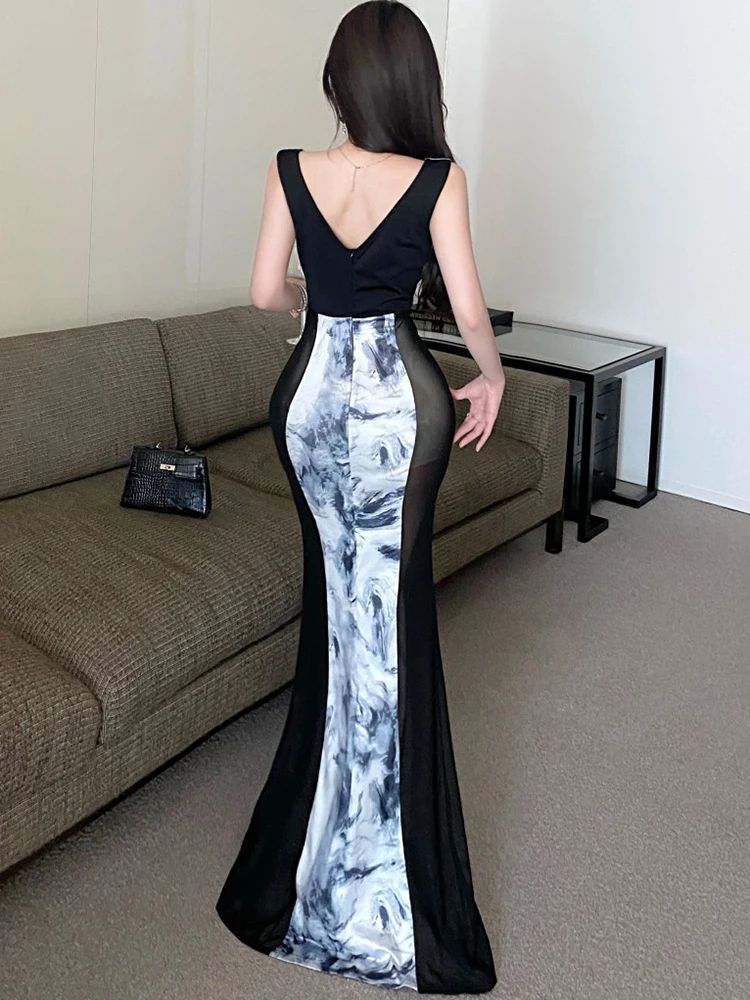 Women Print Mesh Patchwork Sheer Sexy Sling Long Dress 2025 Korean Vintage Luxury Evening Dress Summer Elegant Bodycon Vestidos