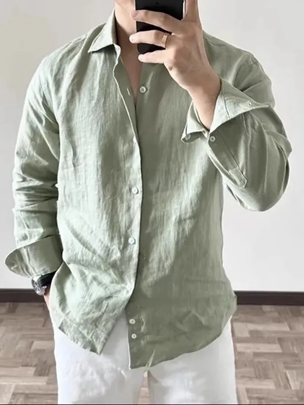 High-End Men\'s Cotton Linen Pleated Shirt Loose Breathable Long Sleeve Sun Protection Casual Versatile Linen  Color Shirt