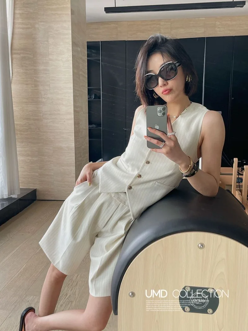 

Shpmishal Retro French Fashionable High Waist Straight Suit Pants Women's Stripe Inner Layer Tank Top Suit Vest Two Piece Set