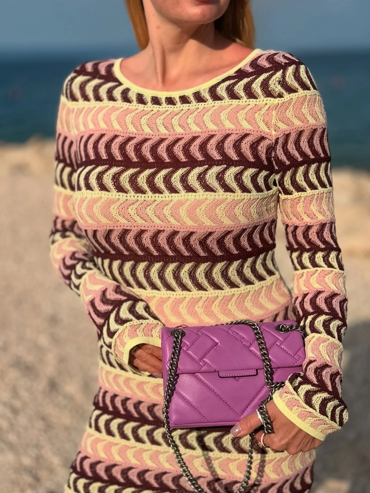 

Elegant and Chic Knitted Dress Colorful Striped Women's Long Sleeve Mini Dress 2025 Summer Fashion Beach Vacation Lady Dress