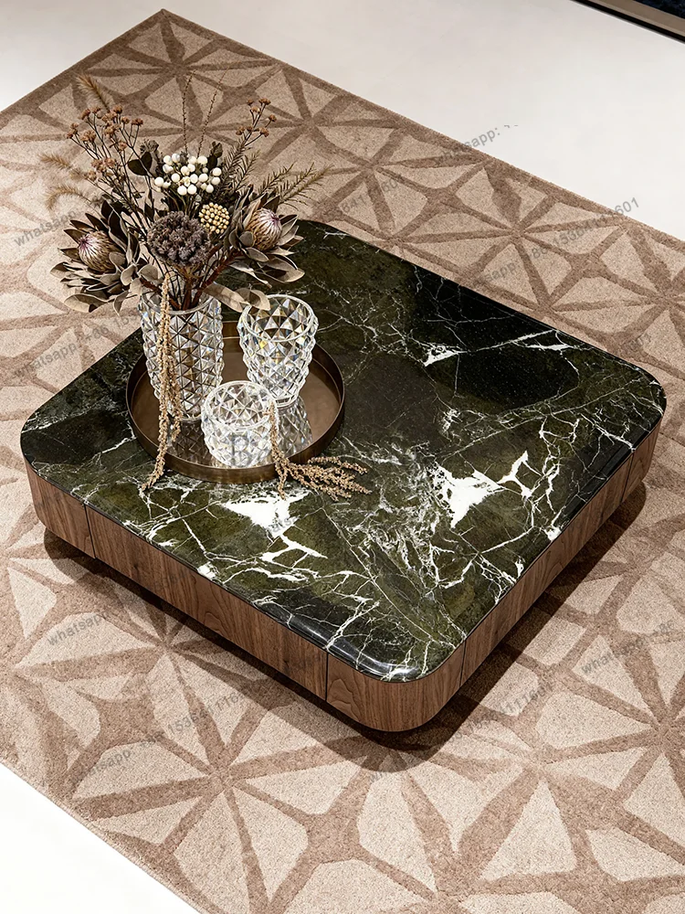 Jj Minimalist Natural Luxury Stone Coffee Table Naqiu Green Marble Solid Wood Villa Large Flat Floor High-end Customization