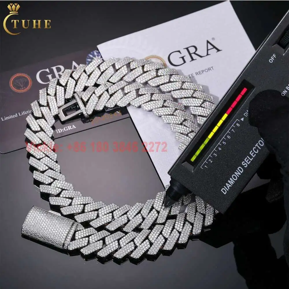 

Luxury Men Hip Hop Jewelry 14mm 925 Sterling Silver Micro Paved 3 Rows Vvs Moissanite Iced Out Cuban Link Chain Necklace
