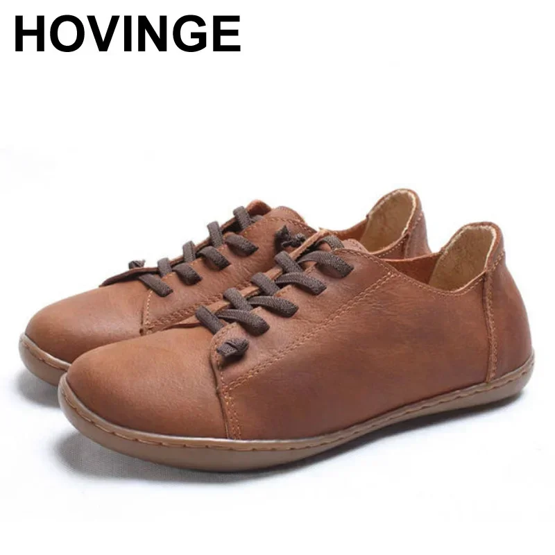 HOVINGE Women Shoes Flat Authentic genuine Leather Plain toe Lace up Ladies Shoes Flats Woman Moccasins Female Footwear