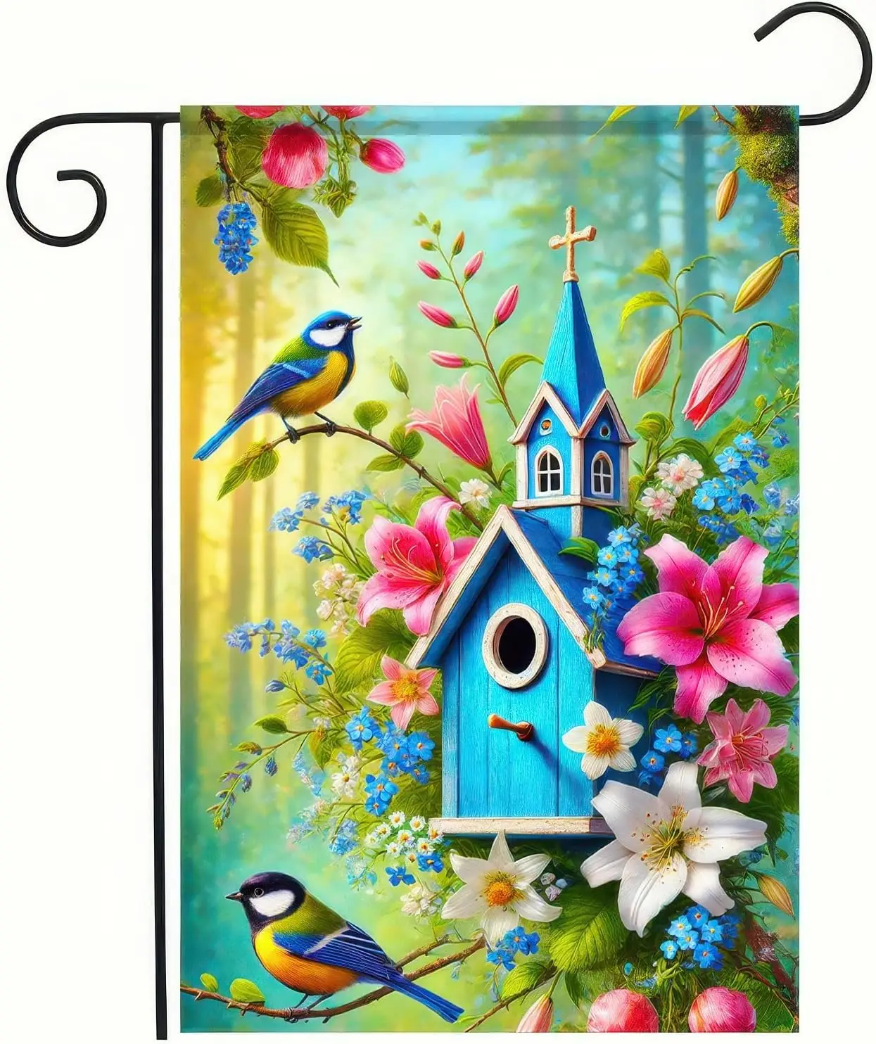 Spring Summer Garden Flag 12 x 18 Inch Double Sided Spring Bird Garden Flag Floral hummingbird Birdhouse Farmhouse Small Yar SSL