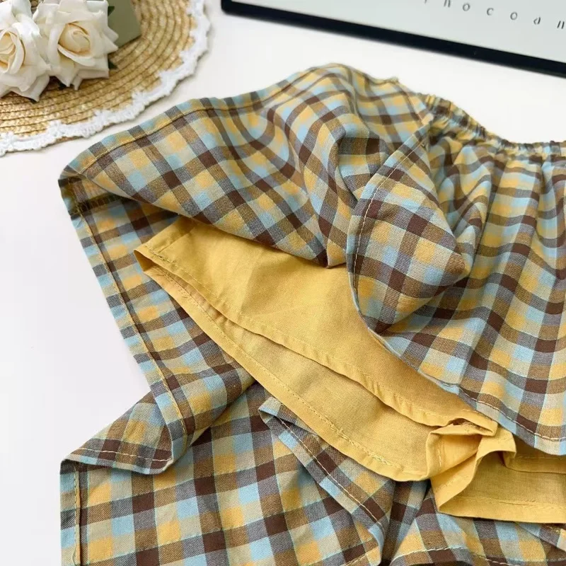 子供服セット タッセルベストトップス + イレギュラーチェック柄スカート 2点セット 幼児 女の子服 ベビー服セット 90-140CM