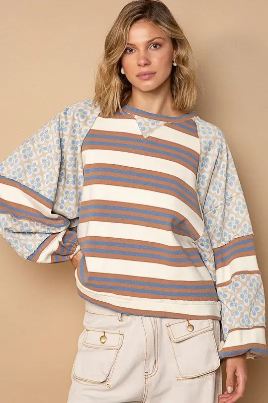 Flower Stripe Patchwork Chic Loose Autumn Sweatshirt Casual Versatile Women Tops Cotton Blend 2024 New