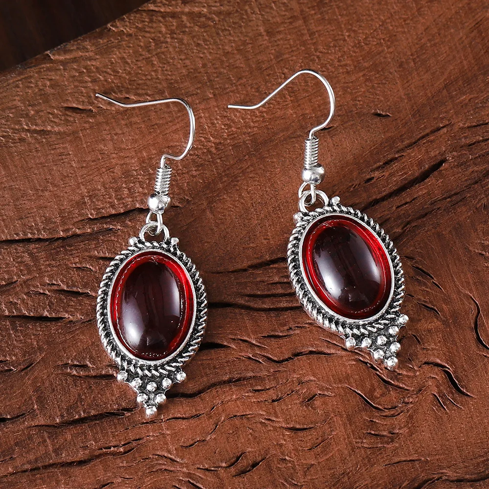 DIY accessories Cross-border hot-selling retro exquisite relief alloy earrings, pendant inlaid with ruby oval fashion jewelry se