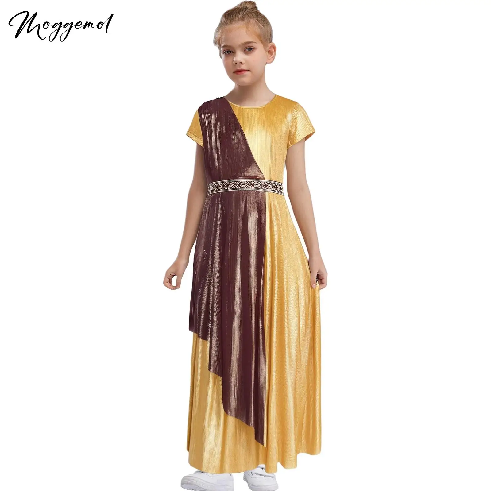 

Детское древнегреческое платье принцессы Тоги для девочек, халат с короткими рукавами и драпировкой, винтажное блестящее платье с поясом, костюм на Хэллоуин P Arty