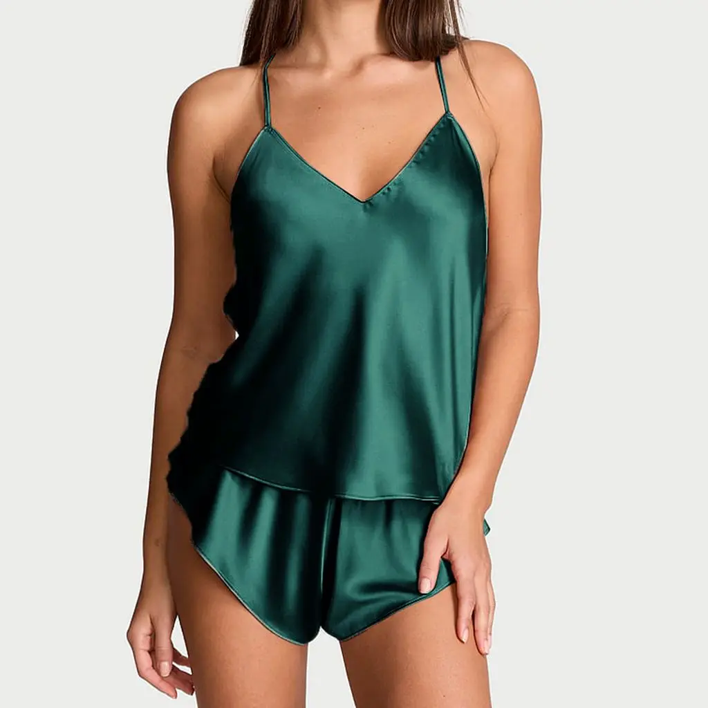 Women Luxury Satin Silky Pajamas Set Cross Tied Backless V-Neck Camis Top + Elastic Waist Ruffle Sleep Loungewear Mini Shorts