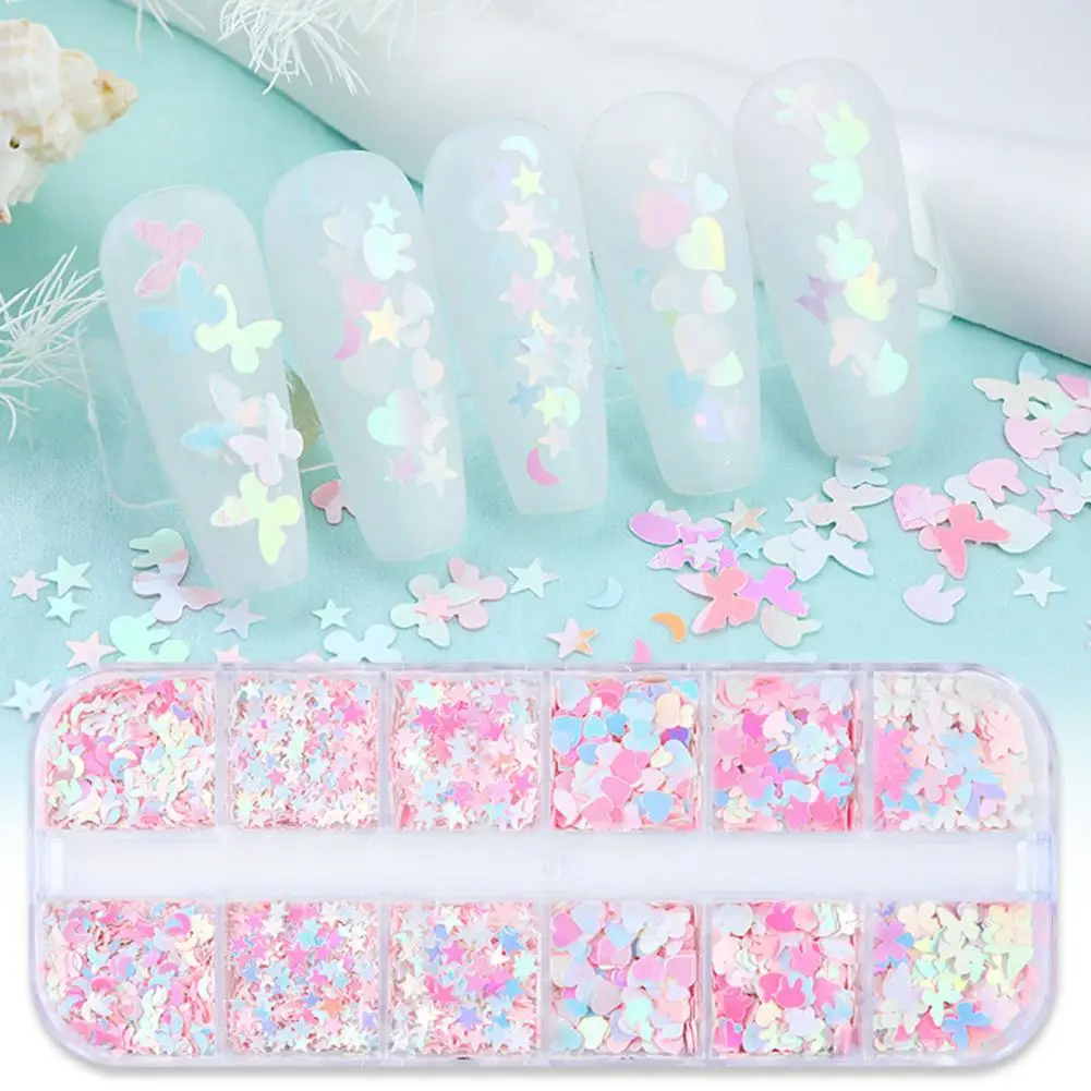 Mermaid Iridescent Glitter Nail Sequin 12 Grids Star Moon Heart Rabbit Butterfly Shape Shiny Nail Art Sequins Various Styles Man