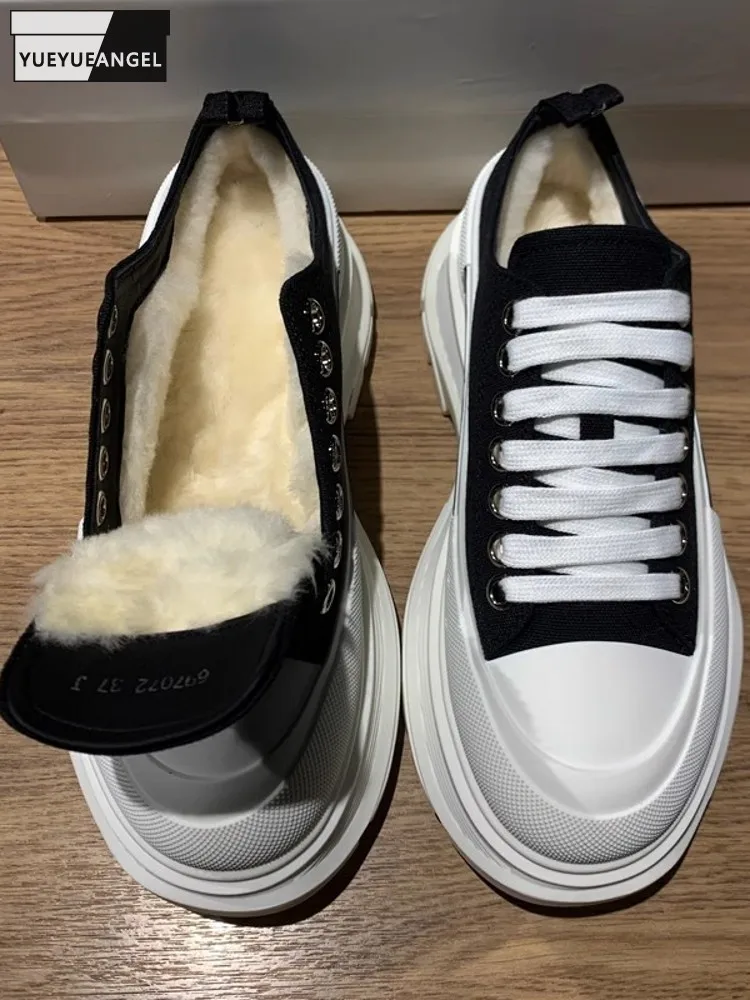 Women Winter Warm Wool Lining Canvas Shoes Lace Up Thick Platform Casual Shoes New Designer Low Cut Thick Sheep Fur Snow Shoes