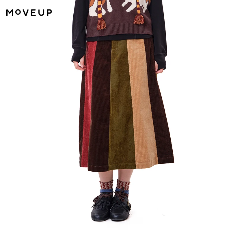 MOVEUP Faux Denim Midi Skirts for Women FUN Series 2026 Winter New Vintage Color Block Casual Commuter Female Clothing 3ELD20612