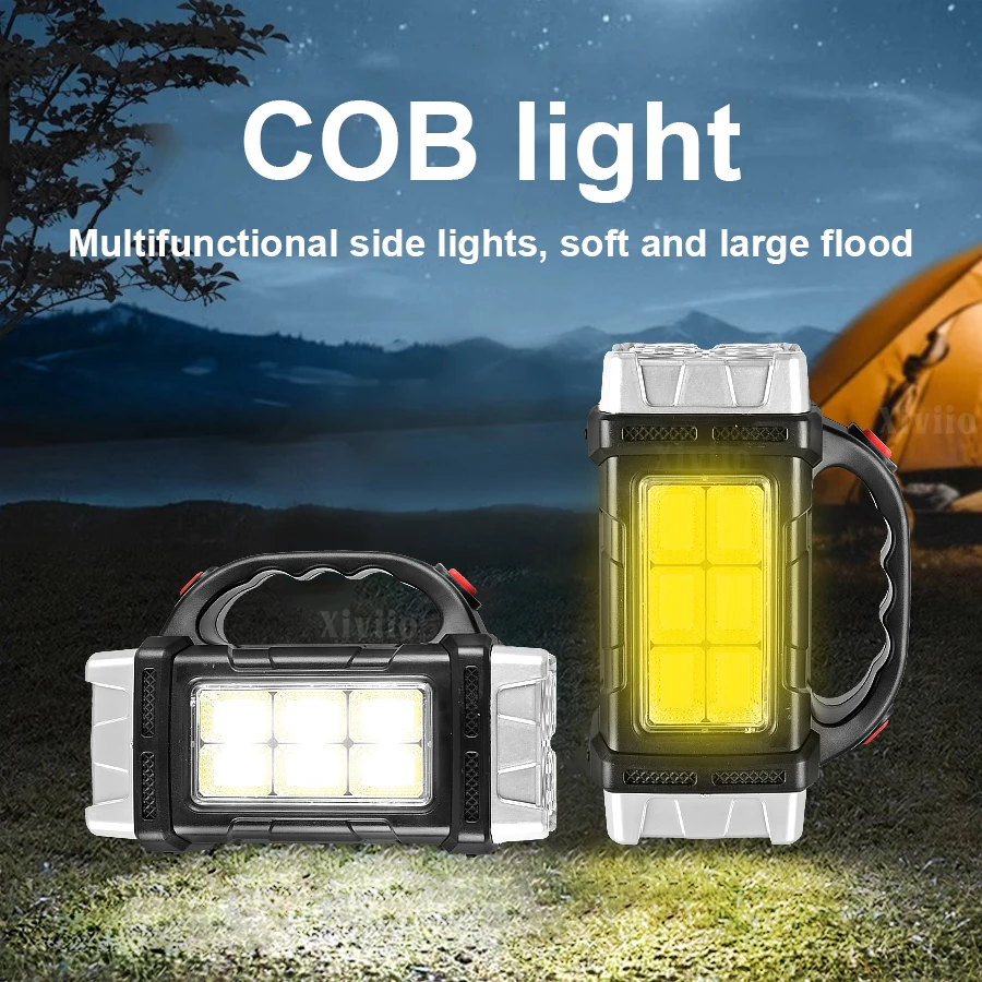 Solar wiederaufladbarer Spotlight leistungsstarke USB -wiederaufladbare Taschenlampen mit 6 COB -Arbeitslicht -Power Bank Camping -Lampen Suchlicht