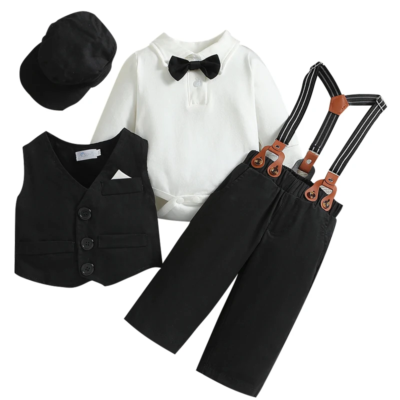 4Piece Spring Autumn Toddler Boy Clothing Korean Fashion Gentleman Tie Bodysuit+Vest+Pants+Hat Newborn Clothes Baby\'s Sets BC782