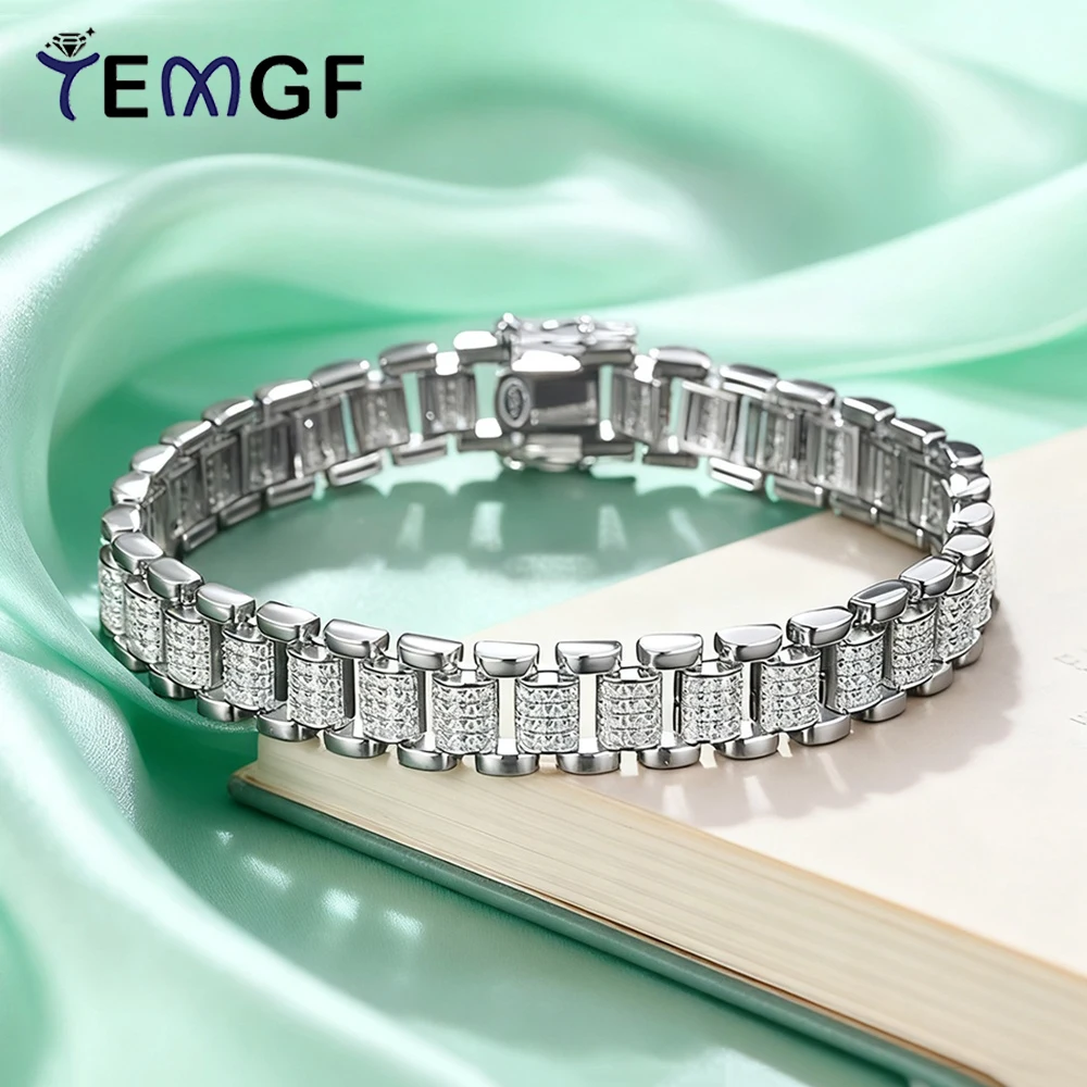 TEMGF Full Moissanite Bracelet 8mm Width S925 Sterling Silver Unique Watch Chain for Men Women Cool Trendy Fine Jewelry