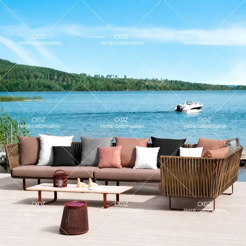 Outdoor Rattan Sofa Set Waterproof Garden Furniture Patio Balcony Leisure Chair with Coffee Table Sun Protection Courtyard