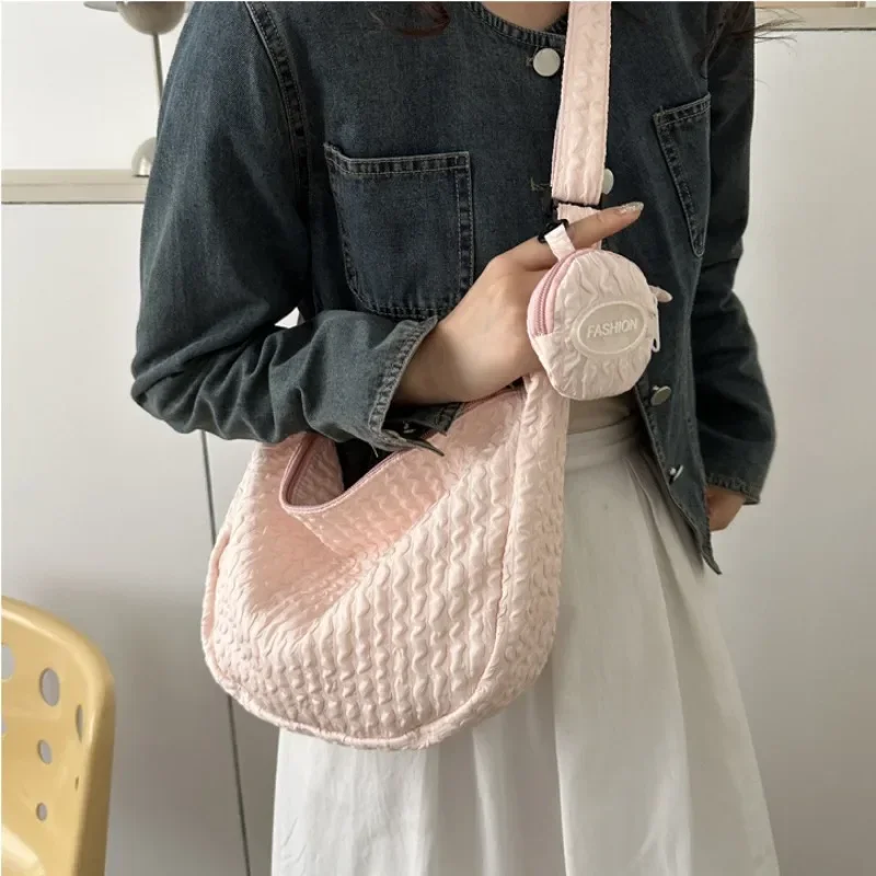 Xiuya Cloud Pleated Women Shoulder Bag Solid Color Cute Soft Lightweight Hobos Messenger Bag Casual Korean Fashion Girls Handbag