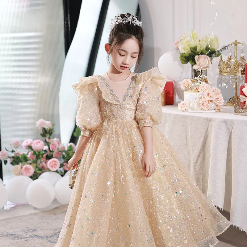 

Детское торжественное платье, платье принцессы, 2023 г., летнее платье для выступлений с цветочным узором для девочек, пышное тюлевое платье для выступлений на фортепиано