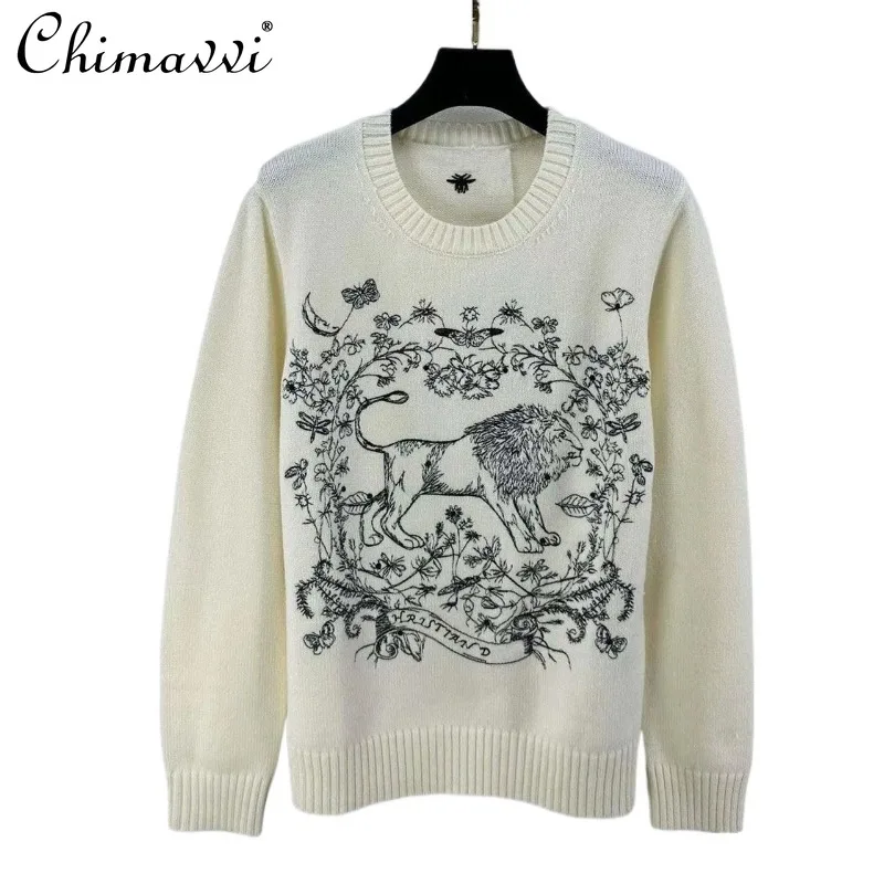 

2024 New European Winter Solid Color High-end Heavy Industry Embroidery Lion Jungle Sweater For Women