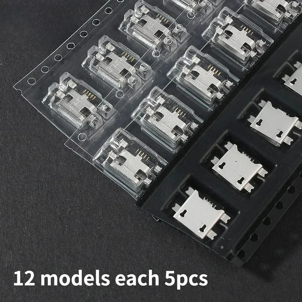 60pcs Micro USB Socket Connector Kit 5Pin SMD/DIP Assortment 12 Models for Electronics Repair DIY Projects