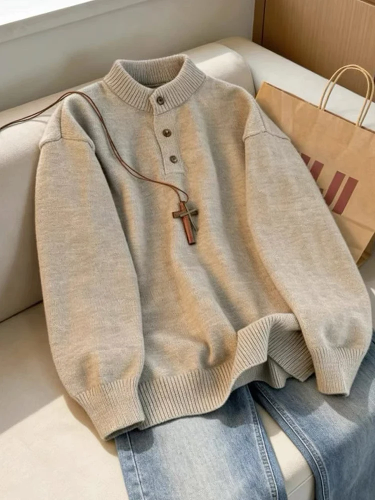 

Мужской утепленный зимний трикотажный свитер-хенли, повседневный свободный крой, с длинным рукавом, базовая внутренняя одежда, осенняя одежда