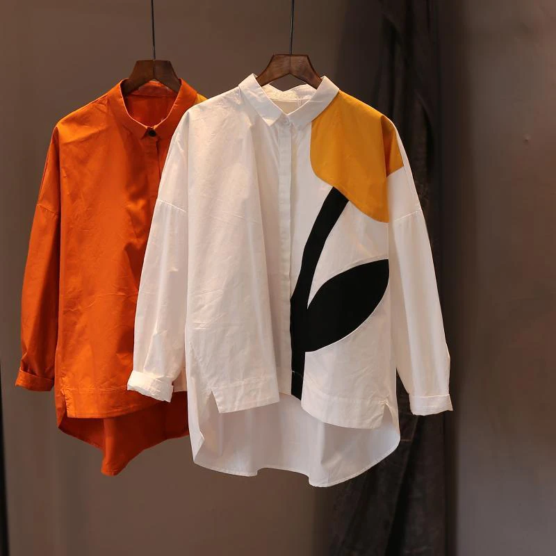 

Женская мода контрастного цвета, уличная рубашка большого размера, весенняя простая шикарная блузка нестандартной формы, повседневная туника с длинными рукавами, топы Blusas