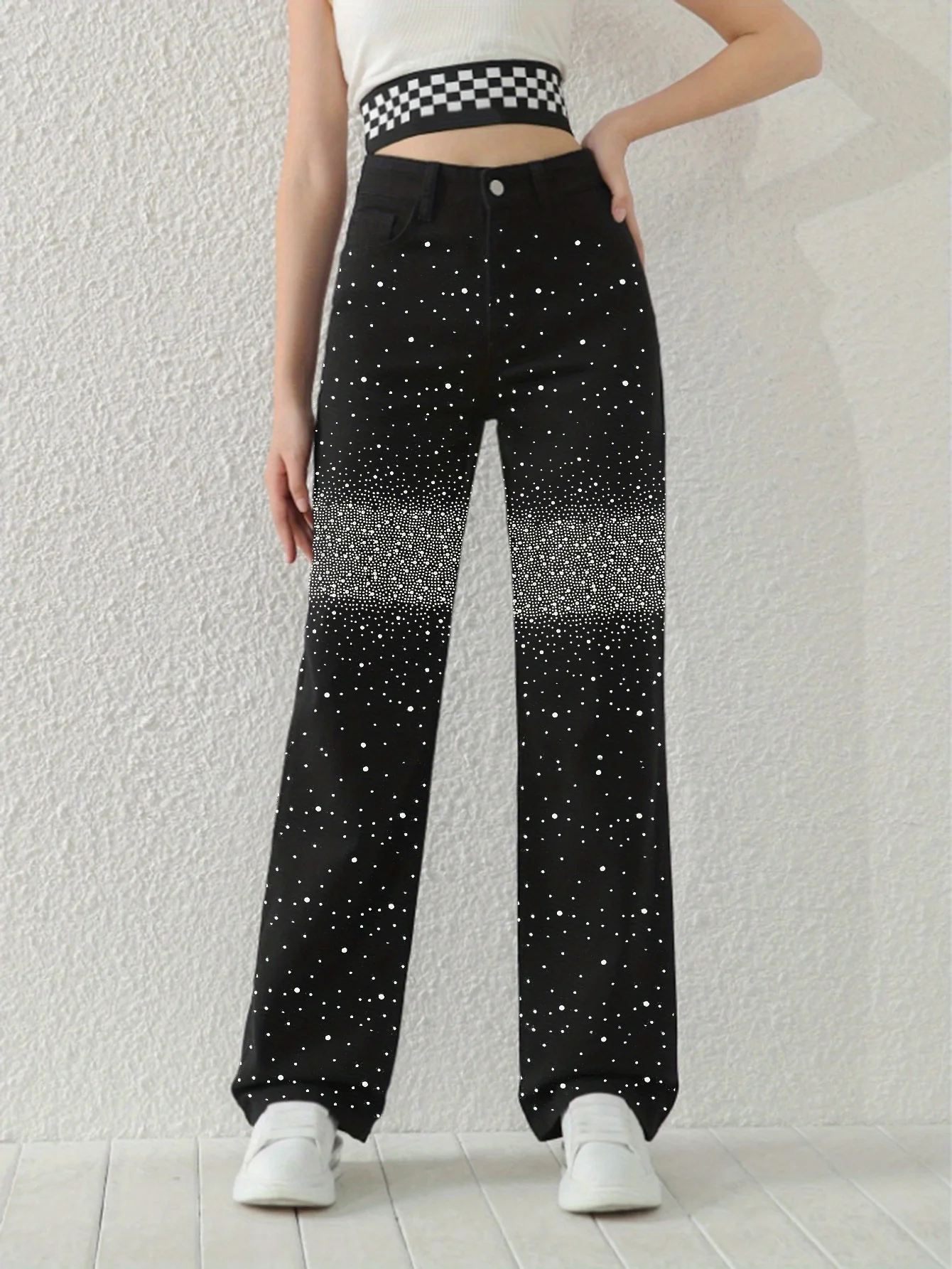 

Women's Straight Leg Denim Pants with Embellishments and Crystal Gradient Style, Trendy Black Jeans, Casual Fashion, Y2k