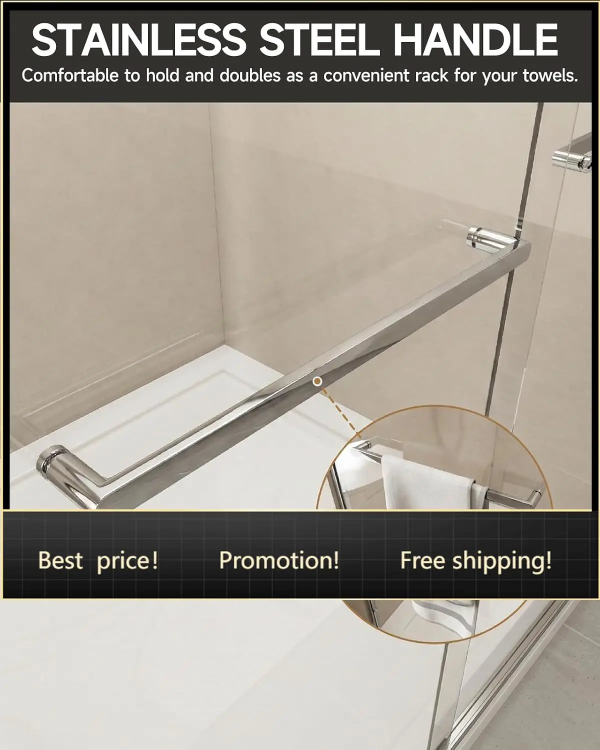 Tempered Glass Shower Door Chrome Aluminum Frame Stainless Steel Handle Walk In Size 48 Inch Width