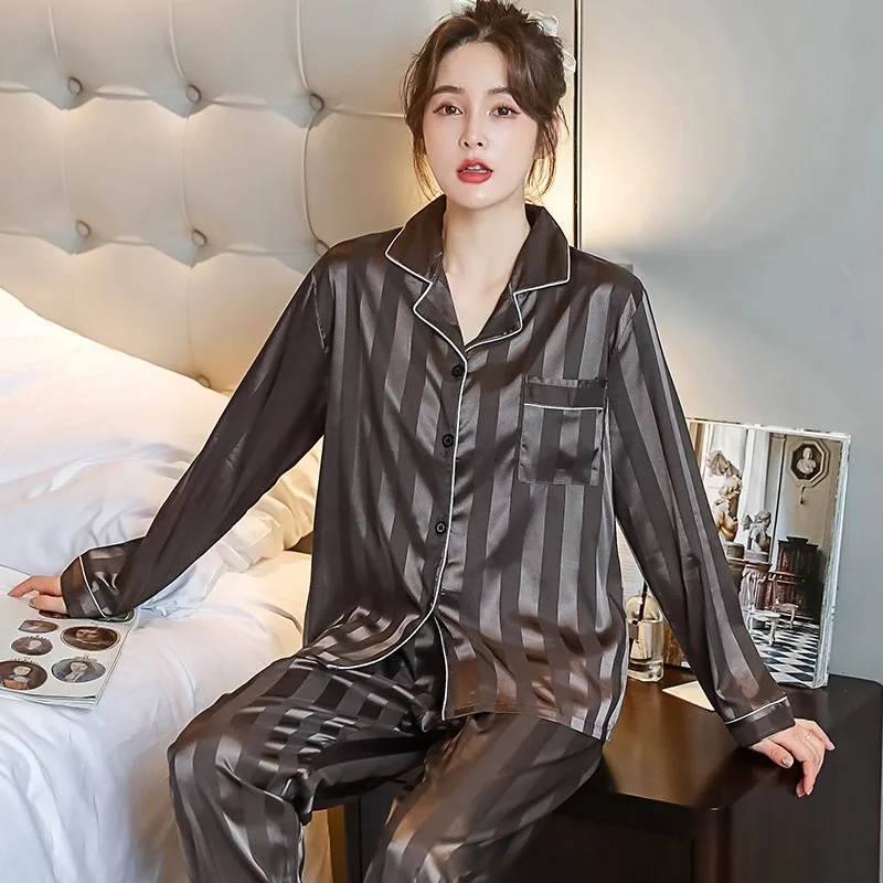 Solid Color Stripe Sleepwear Premium Silk Satin Pajamas Couple Long Button-Down Pyjamas Suit Women Men Loungewear Pijama Pj Set