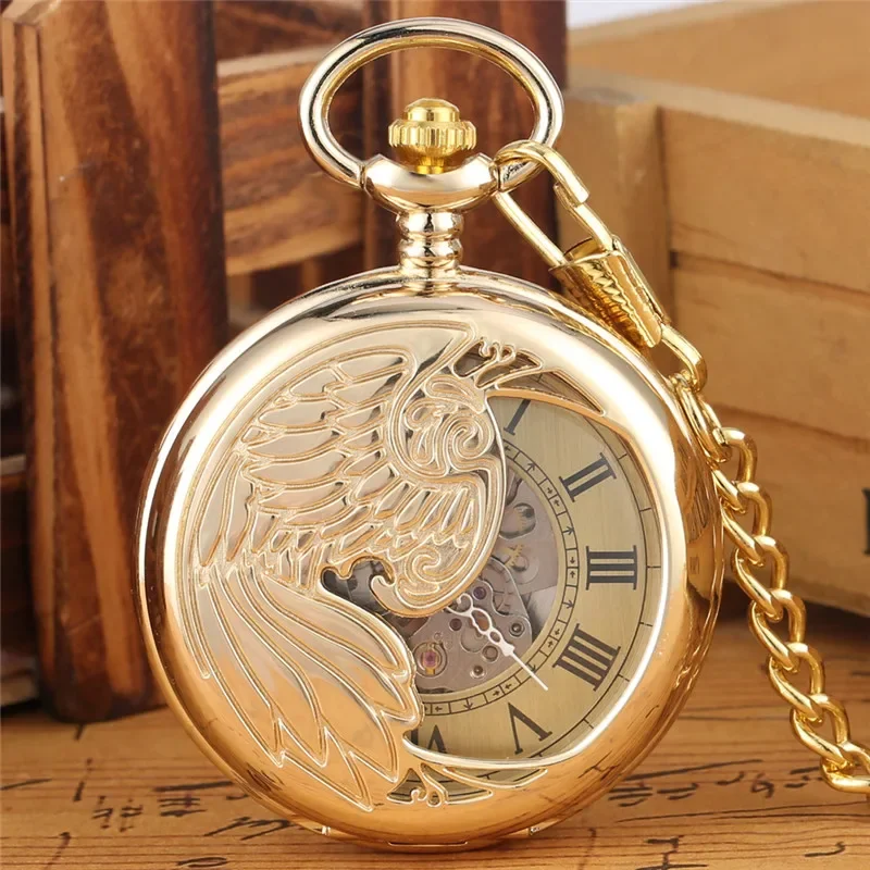 Luxury Hollow Phoenix Pocket Watch Unisex Automatic Mechanical Watches Fob Pendant Chain Yellow Gold Roman Number Timepiece